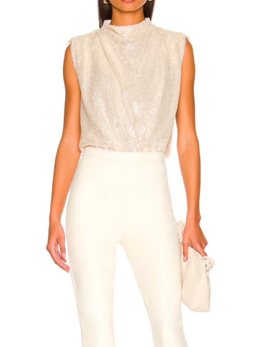 Amanda Uprichard Sleeveless Sequin Mock-Neck Top in Cream